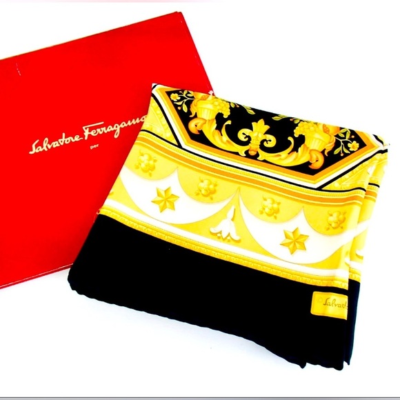 Salvatore Ferragamo Accessories - Salvatore Ferragamo Vintage Silk Scarf Baroque Floral Black Gold Print with Box